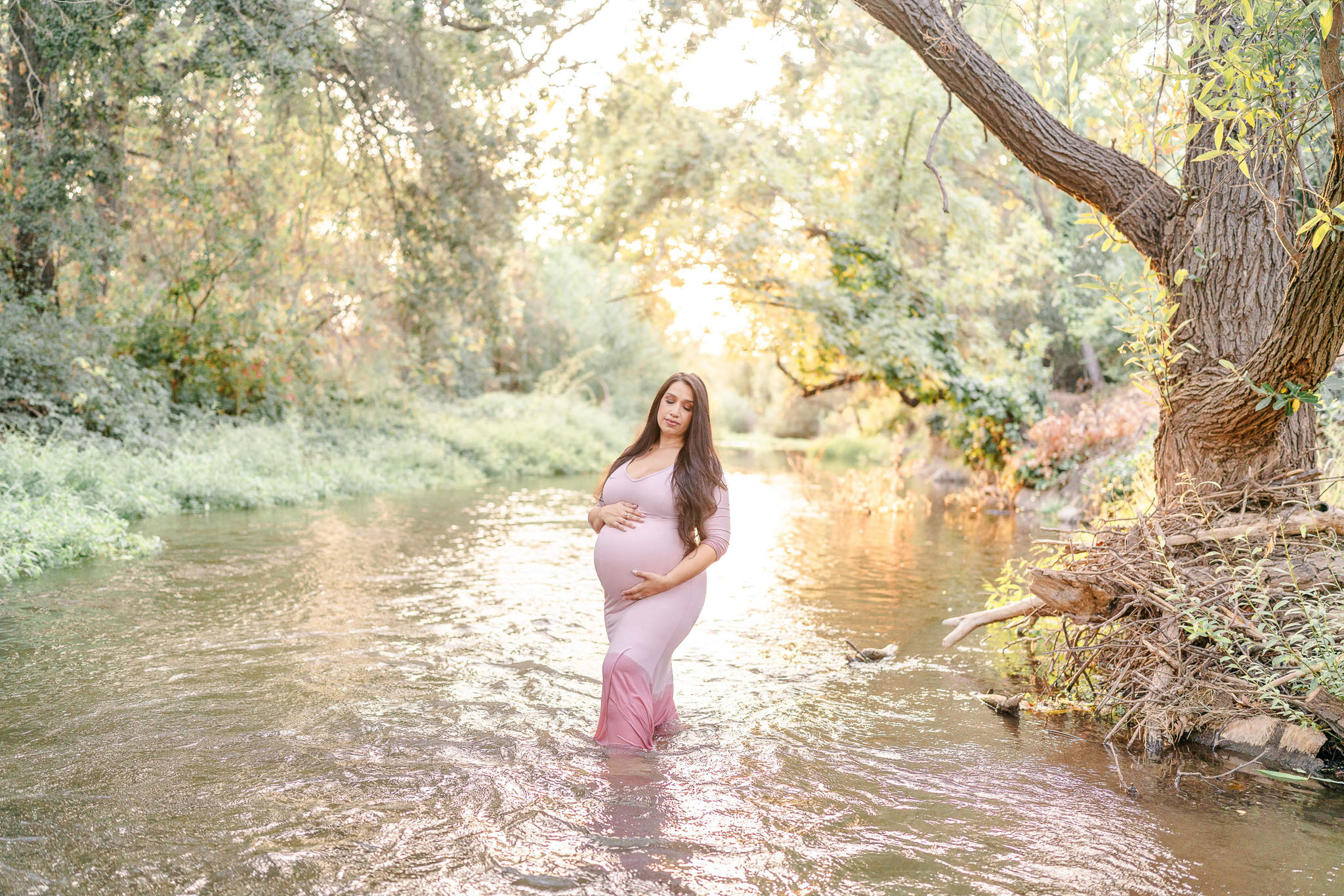 pregnant woman wearing a pink dress standing in a creek in San Jose